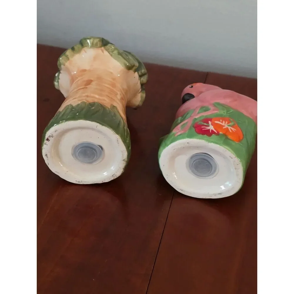 Vintage Tropical Pink Flamingo and Palm Tree Ceramic Salt and Pepper Shaker Set